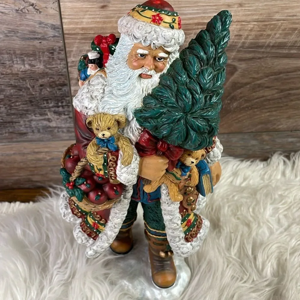 Vintage Resin Santa Holding Tree, Teddy Bear & Basket of Apples,Toy Bag on Back